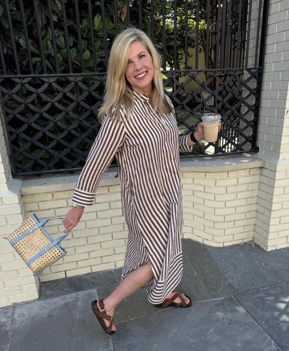 madison mathews brown dress Tabby Midi Latte Stripe Color:Evening Blue