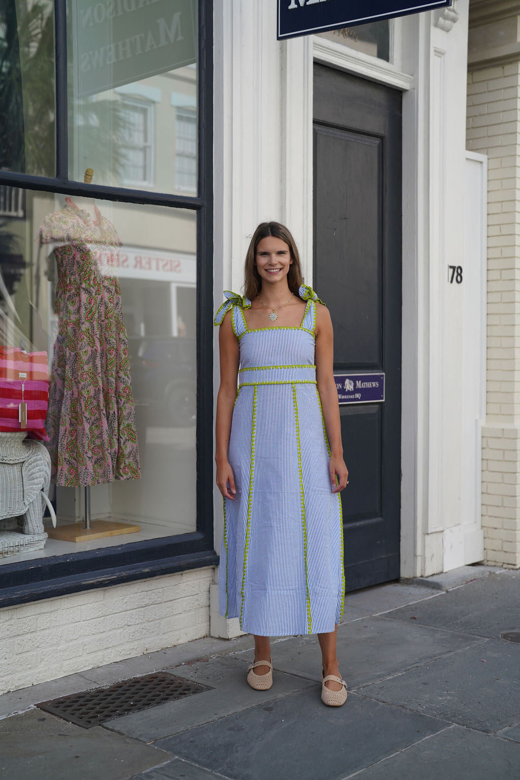 Sabrina Dress Blue Seersucker with Lime Whipstitch – Shop Madison Mathews