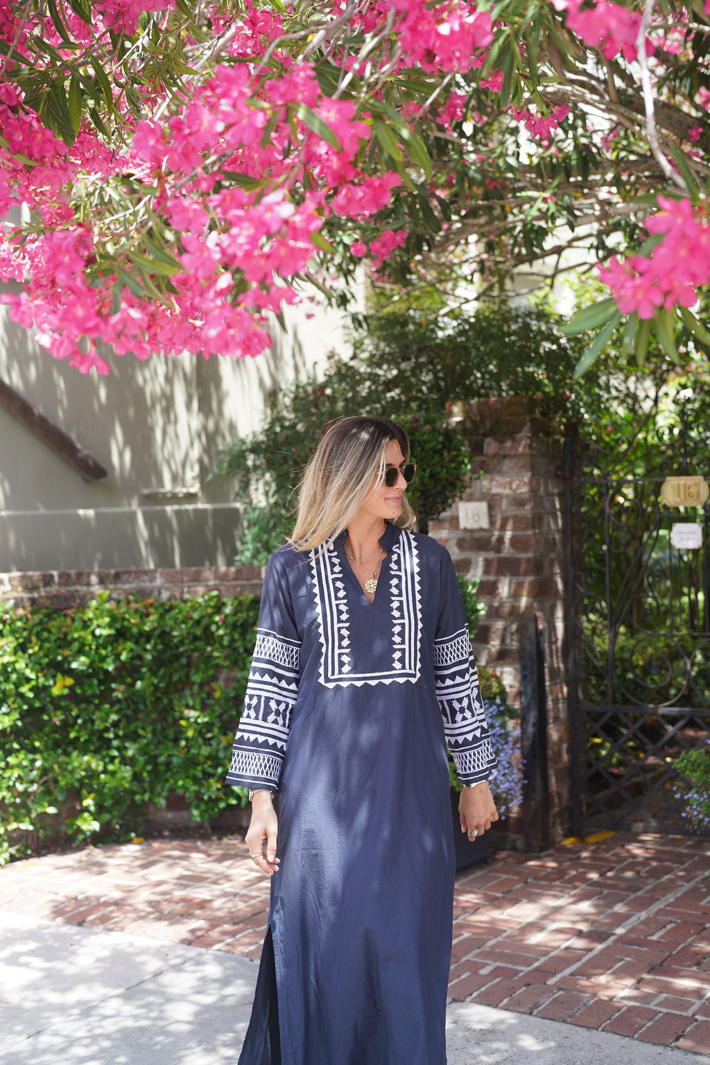 Eva Maxi Dress Navy with White Embroidery S