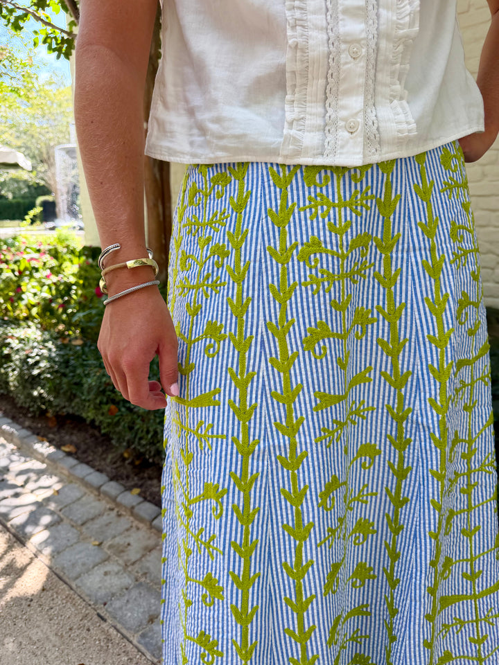 Hanley Midi Skirt Blue Seersucker with Lime Green Embroidery