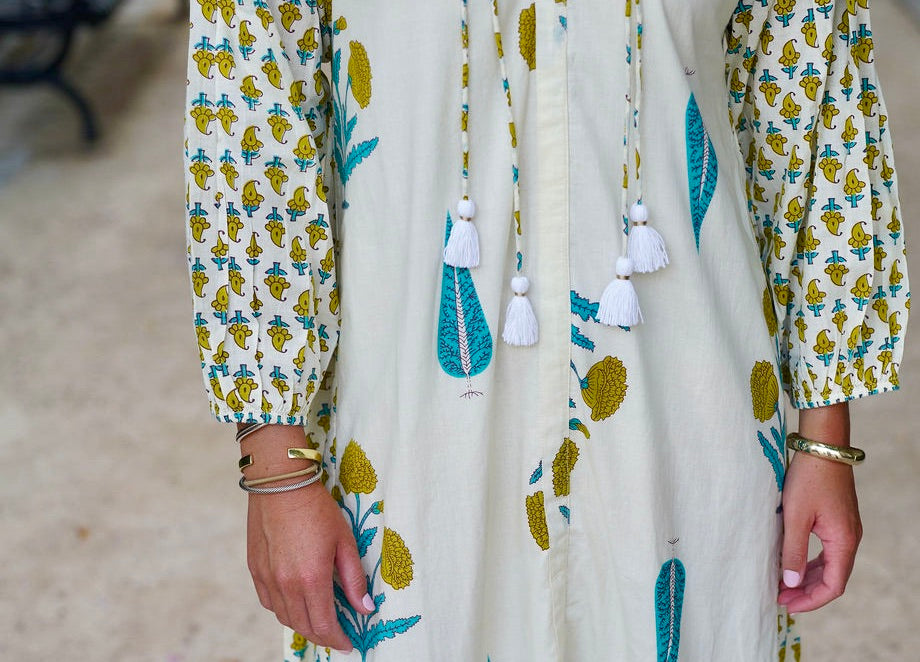 Sullivan Midi Dress Ivory Teal Botanical