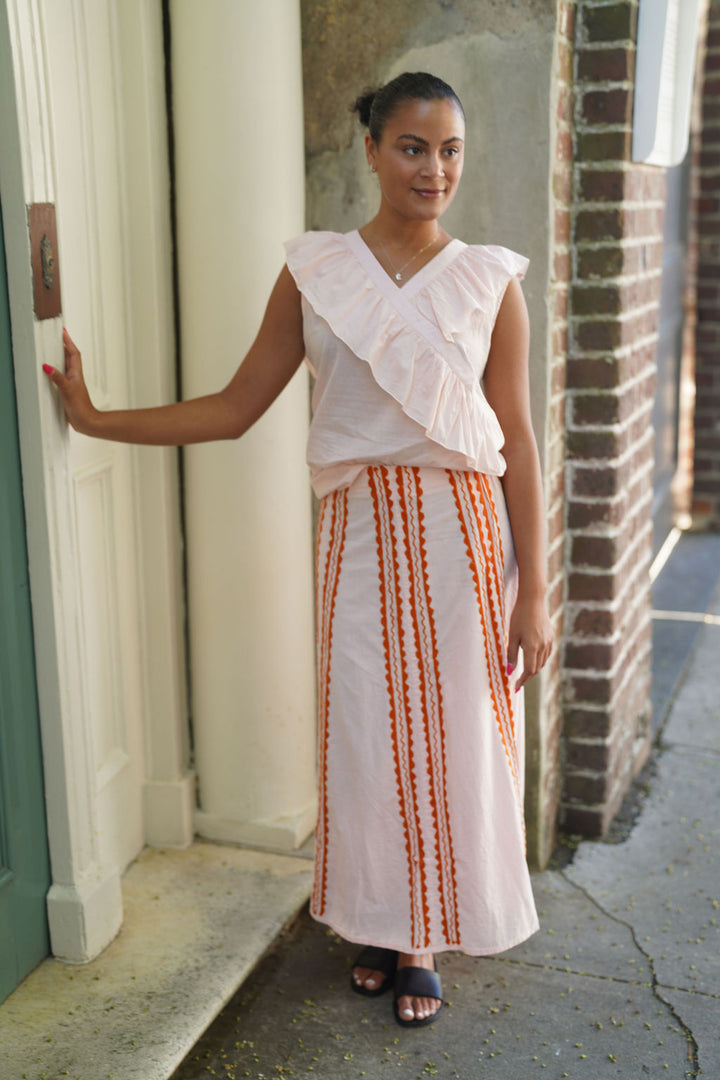 Hanley Midi Skirt Seashell Pink with Orange Scallop Embroidery
