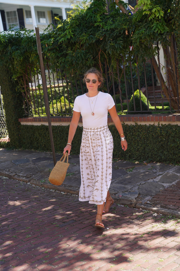 Hanley Midi Skirt White with Sand Embroidery