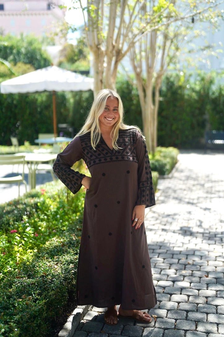 Molly Maxi Dress Hand Embroidered Brown with Black