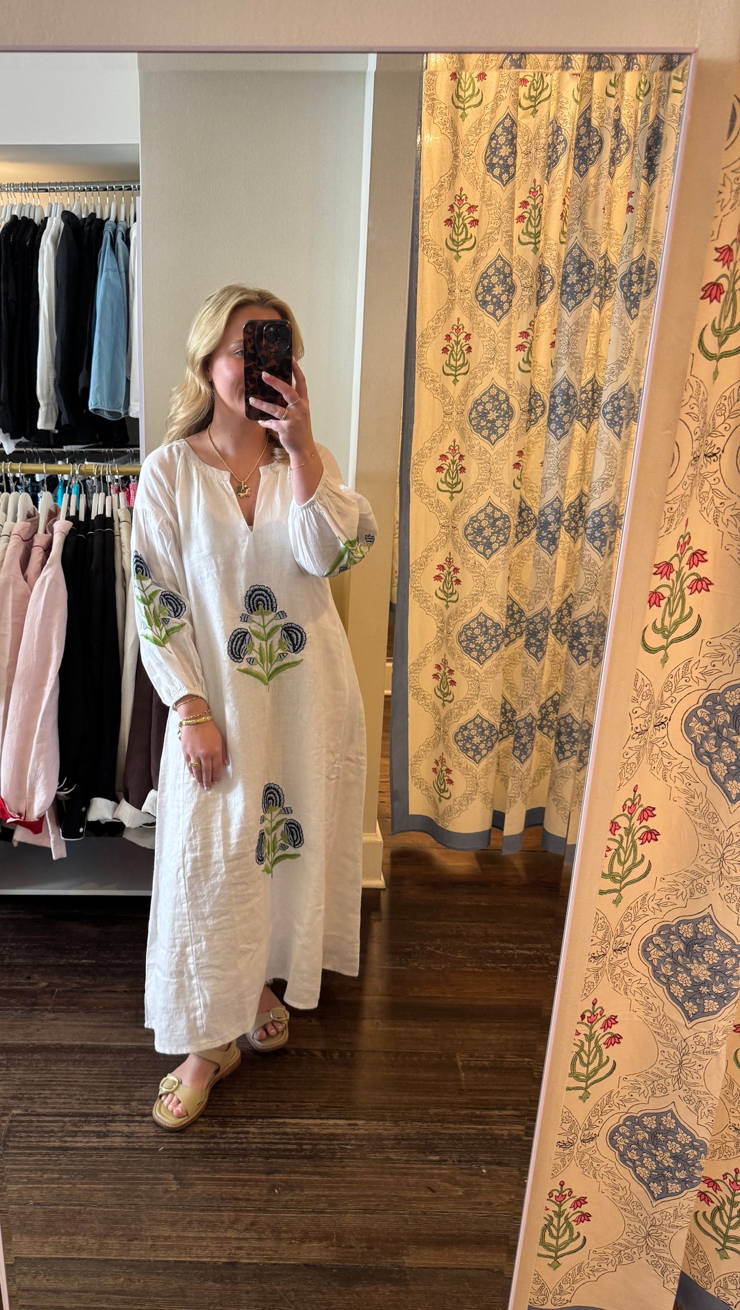 Sullivan Midi Dress White Linen with Blue Milos Embroidery