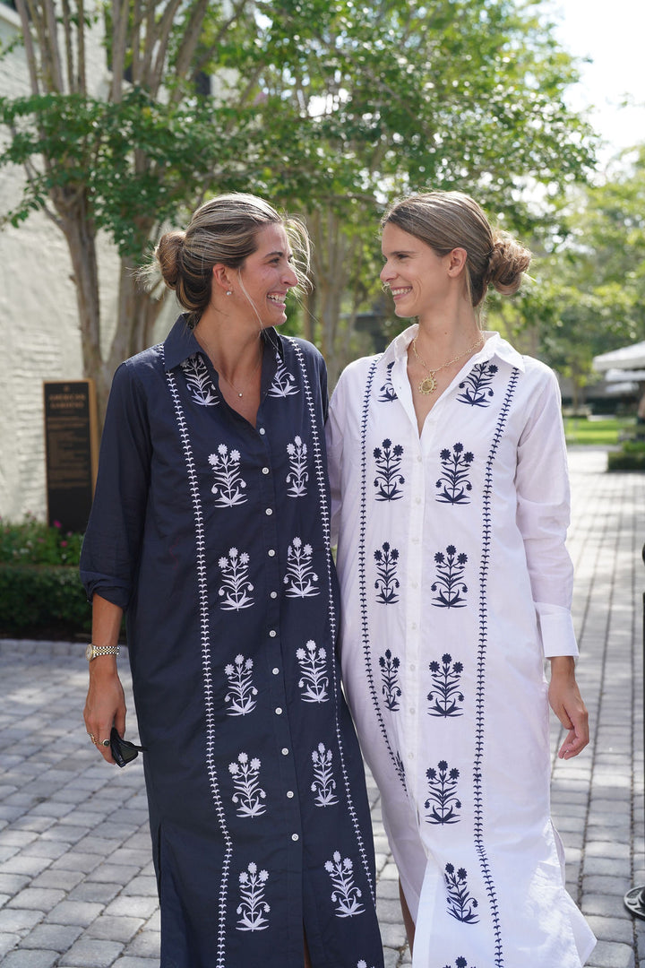 Cat Embroidered Maxi Dress White / Navy