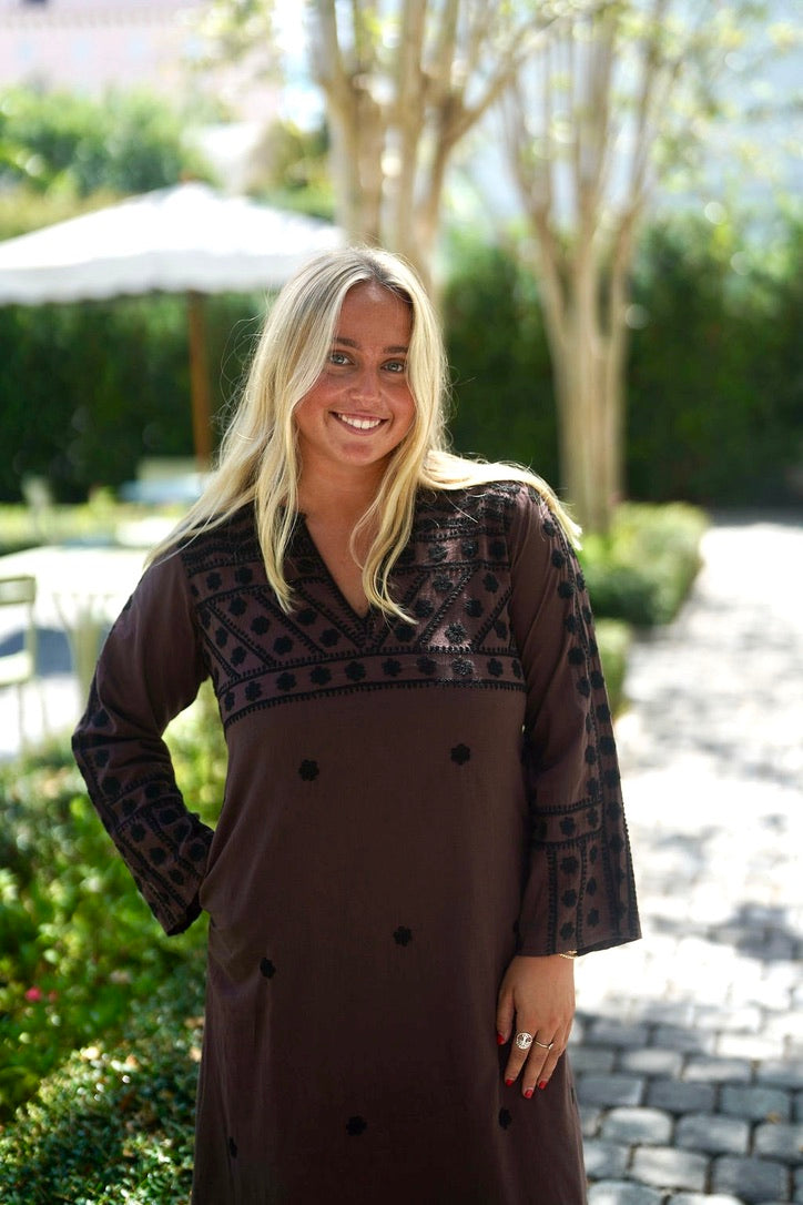 Molly Maxi Dress Hand Embroidered Brown with Black
