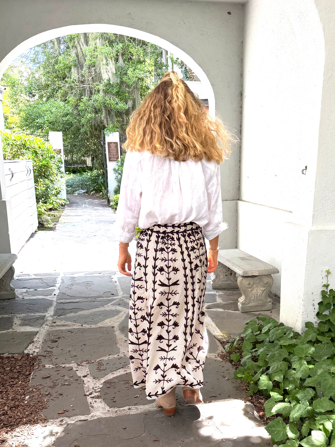 Hanley Midi Skirt Brown Seersucker with Mocha Embroidery
