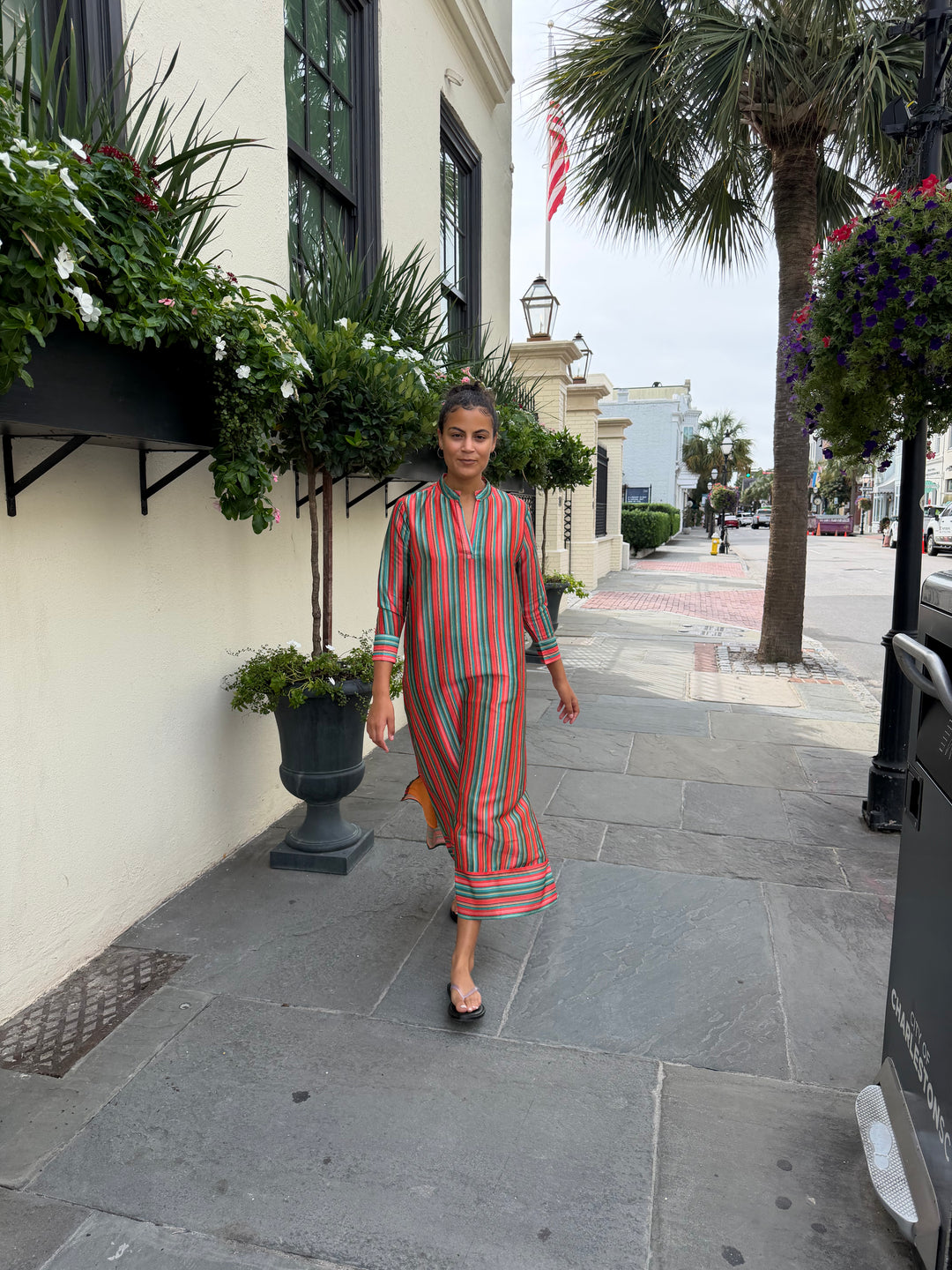 Tabby Midi Dress Coral Teal Garden Stripe Silk