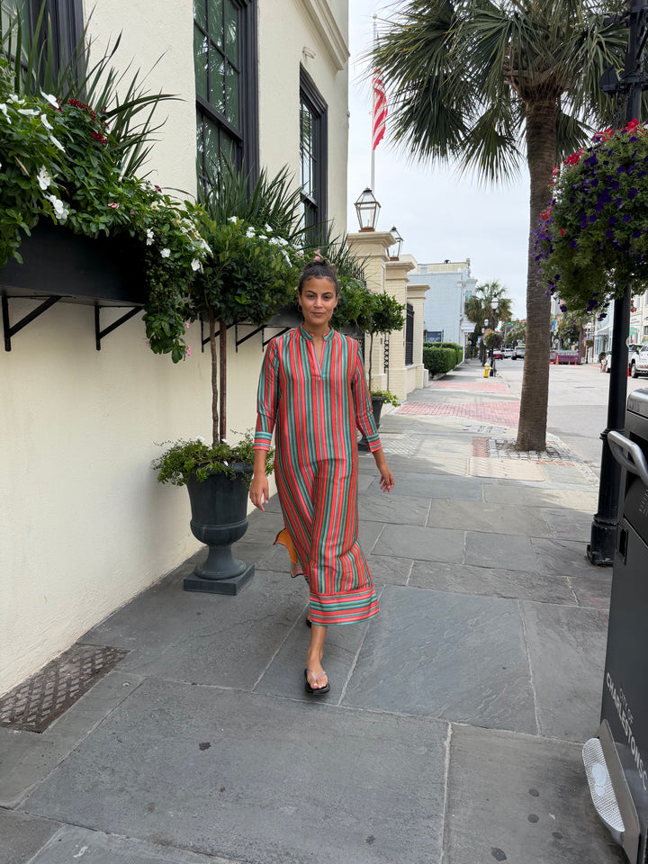 Tabby Midi Dress Coral Teal Garden Stripe Silk
