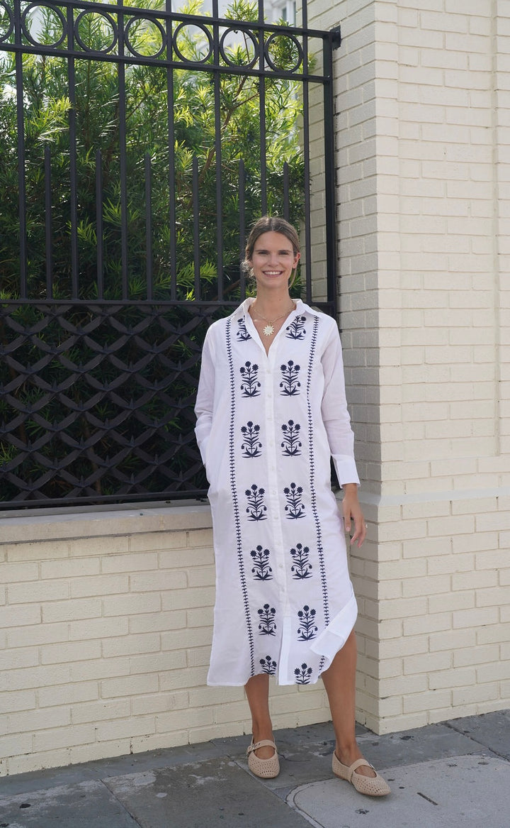Cat Embroidered Maxi Dress White / Navy