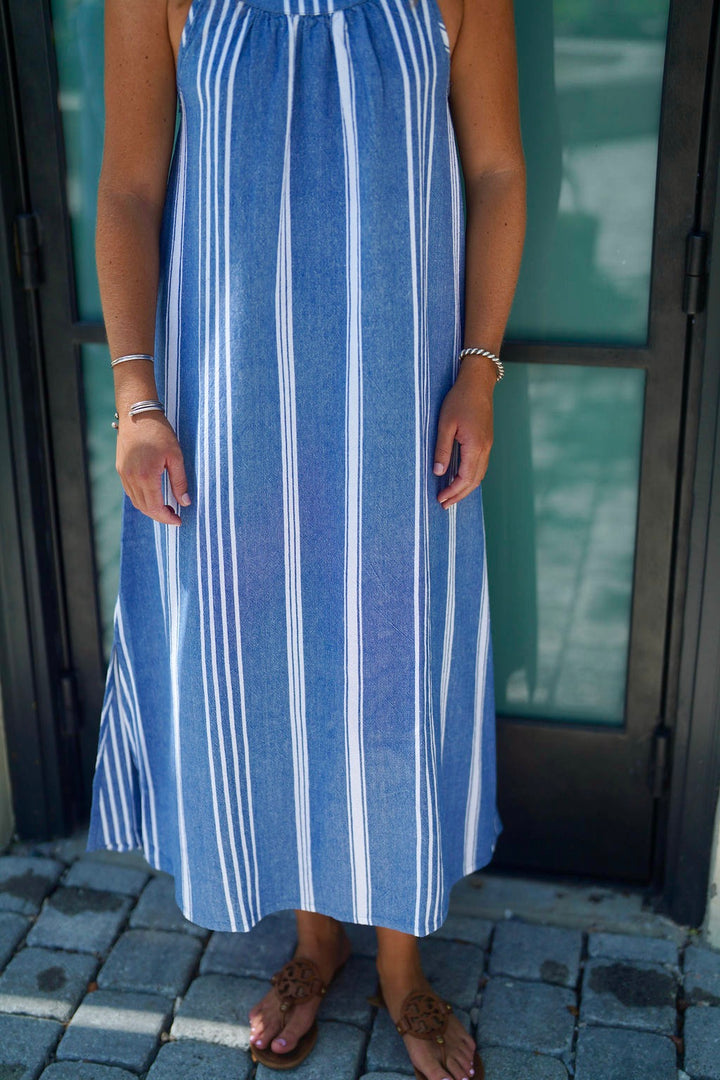 Slip Dress Maxi Coastal Blue Woven Stripe