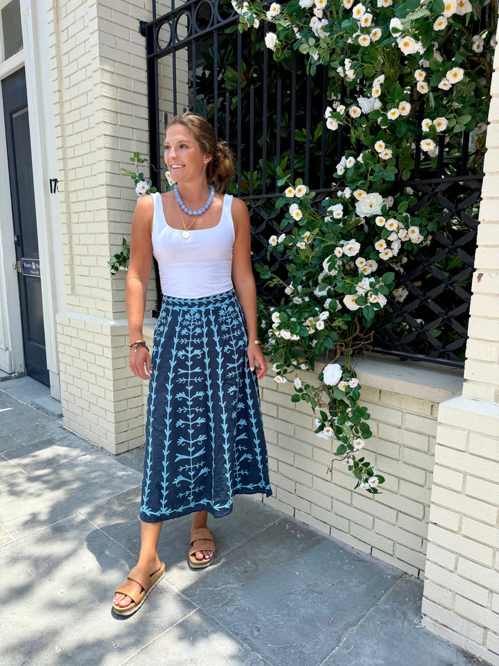 Hanley Midi Skirt Navy with Sky Blue Embroidery
