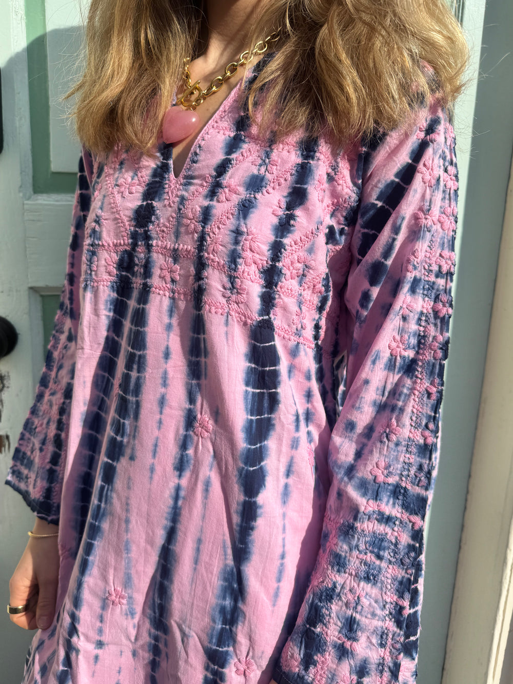 Molly Maxi Dress Hand Embroidered Pink/Navy Tie Dye – Shop Madison Mathews