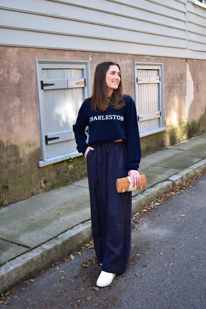 Linen Palazzo Pants Navy