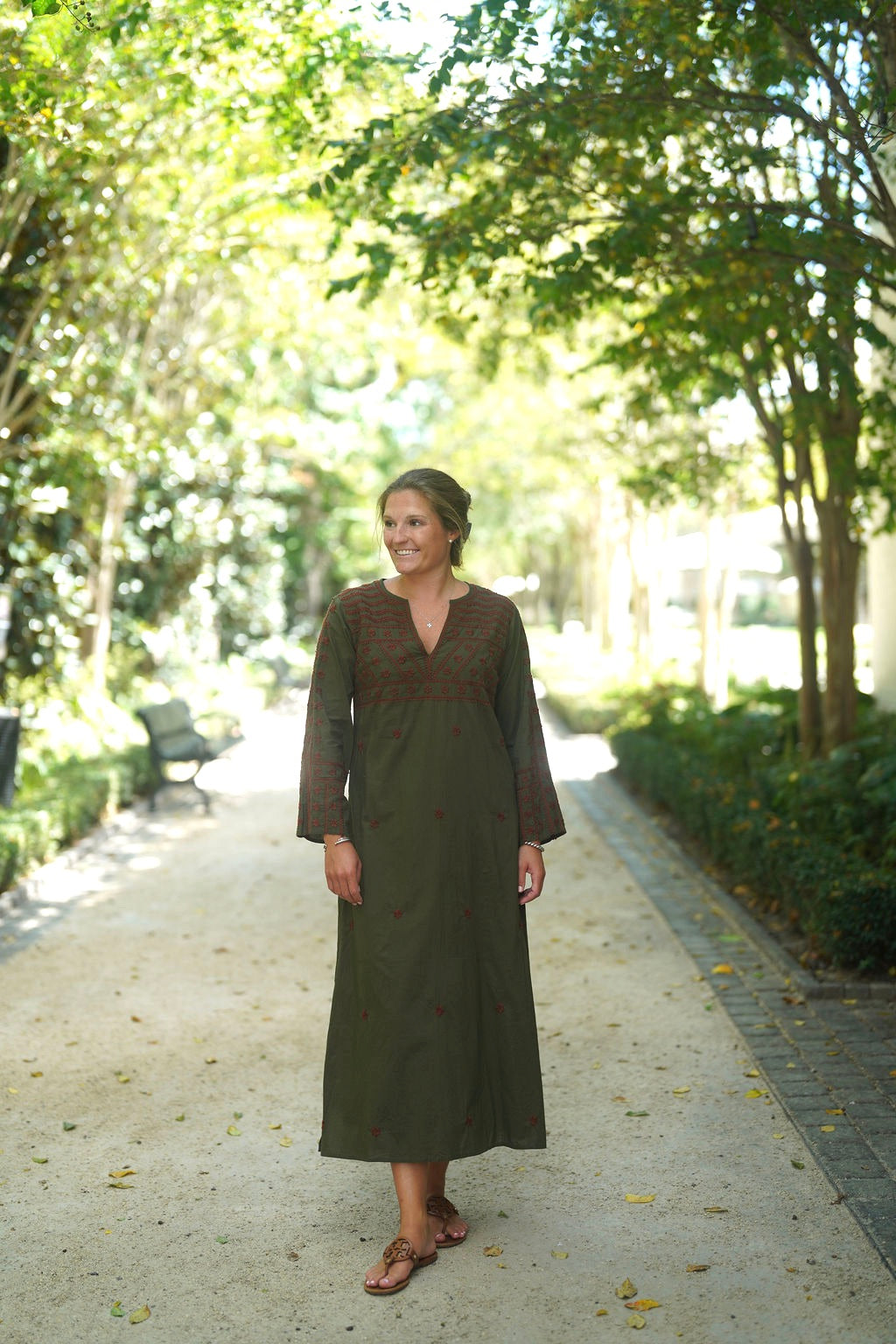 Molly Maxi Dress Hand Embroidered Olive with Cinnamon