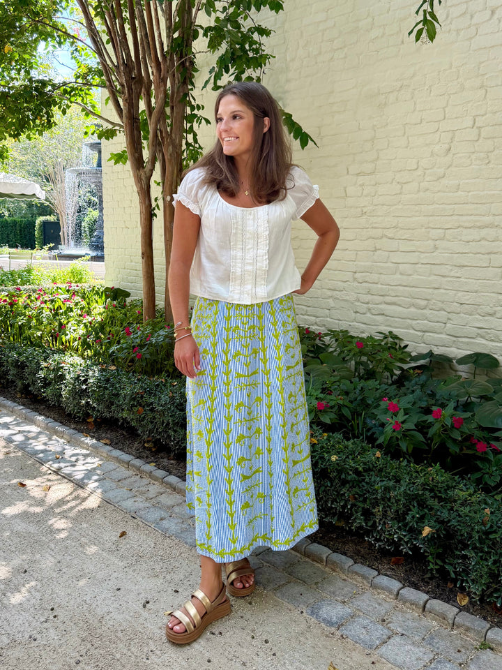 Hanley Midi Skirt Blue Seersucker with Lime Green Embroidery