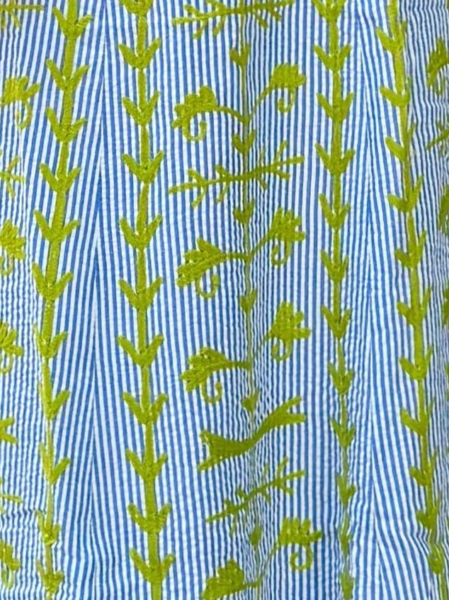 Hanley Midi Skirt Blue Seersucker with Lime Green Embroidery