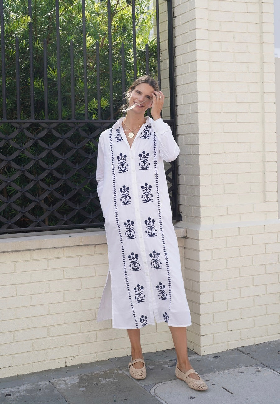 Cat Embroidered Maxi Dress White / Navy