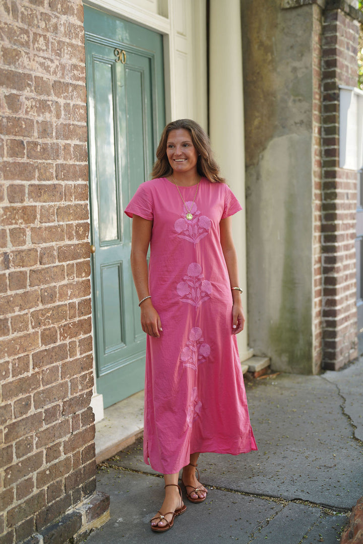 Anne Maxi Dress Pink with Pink Embroidery