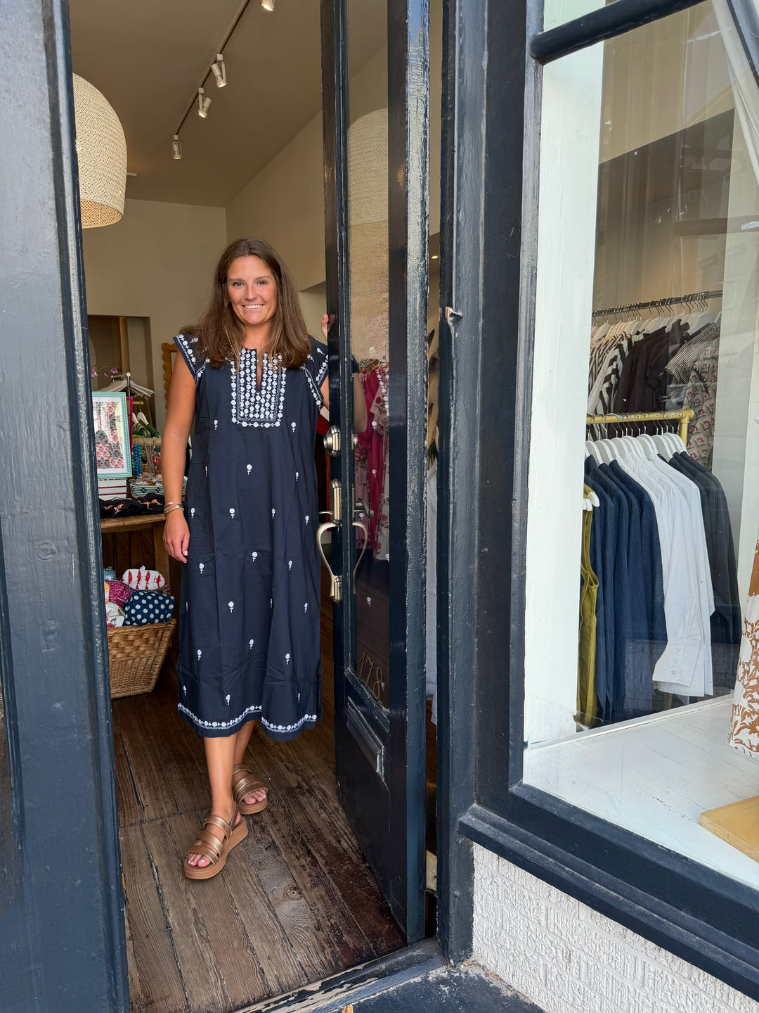 Elysa Midi Dress Navy with White Embroidery