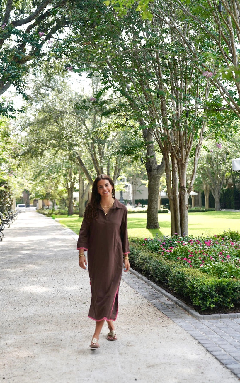 Darren Midi Dress Brown with Coral Whipstitch