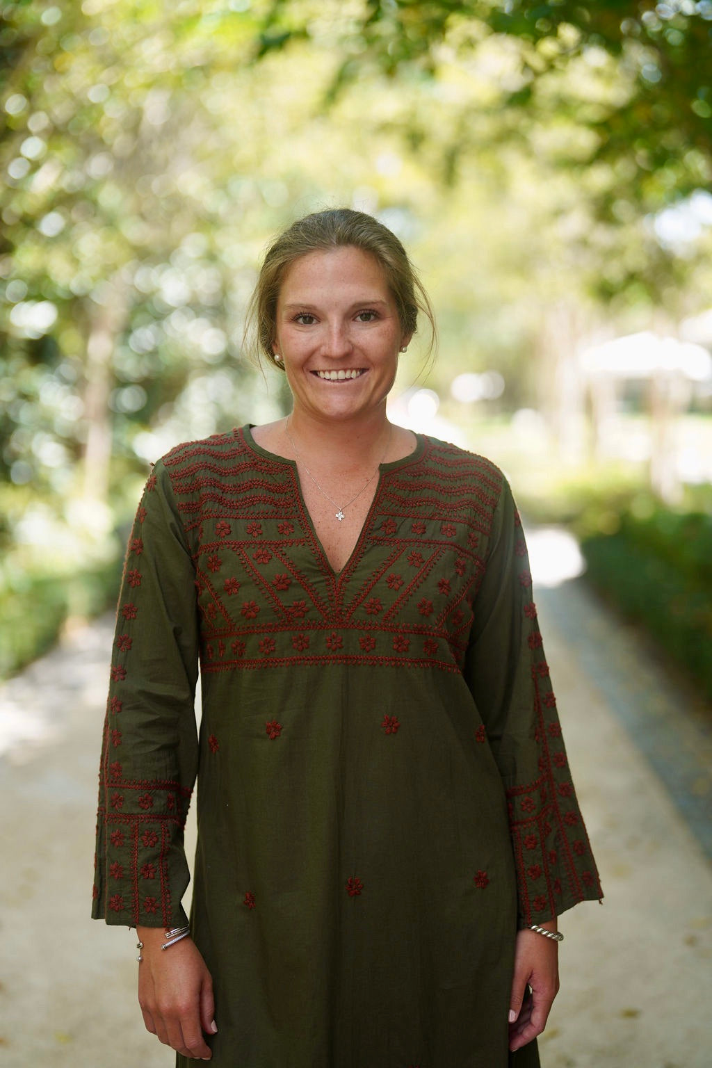 Molly Maxi Dress Hand Embroidered Olive with Cinnamon
