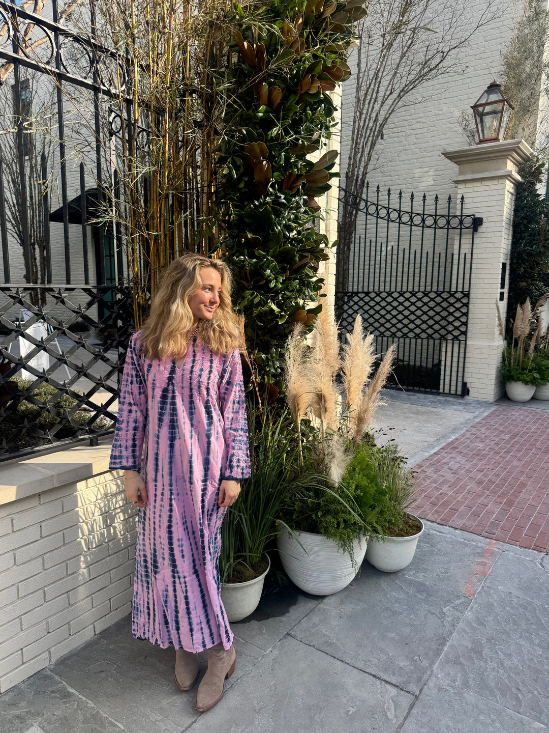 Molly Maxi Dress Hand Embroidered Pink/Navy Tie Dye