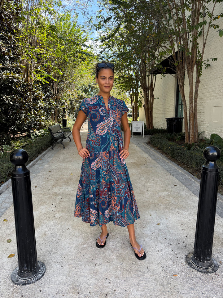 Folly Midi Dress Indigo Rust Paisley