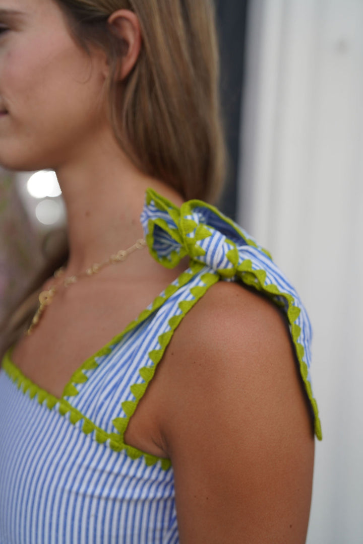 Sabrina Dress Blue Seersucker with Lime Whipstitch