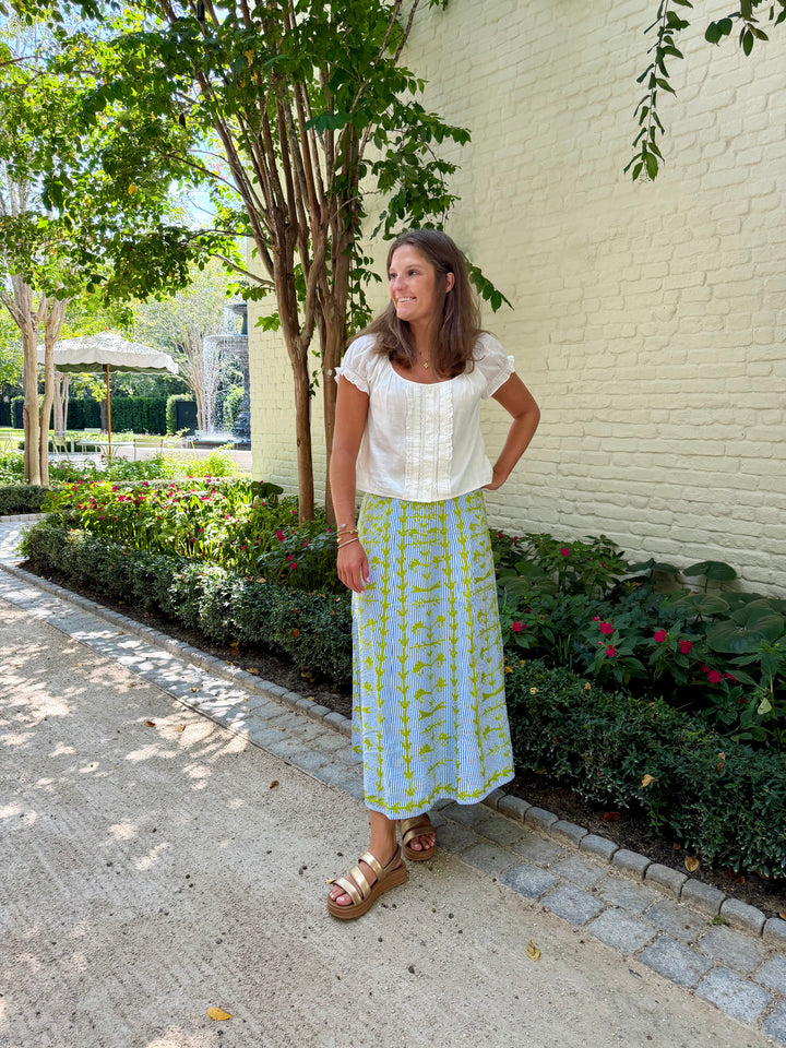 Hanley Midi Skirt Blue Seersucker with Lime Green Embroidery
