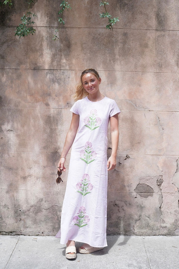 Anne Maxi Dress Seersucker Embroidered Milos -Red, Pink, Blue or Green