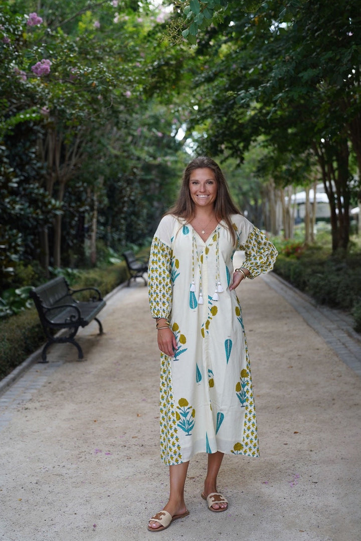 Sullivan Midi Dress Ivory Teal Botanical