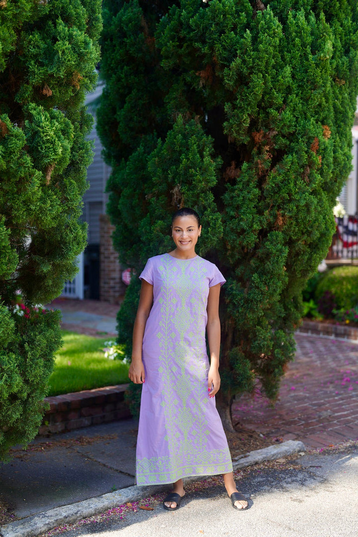 Anne Maxi Dress Lilac with Lime Bohemian Cross-Stich Embroidery