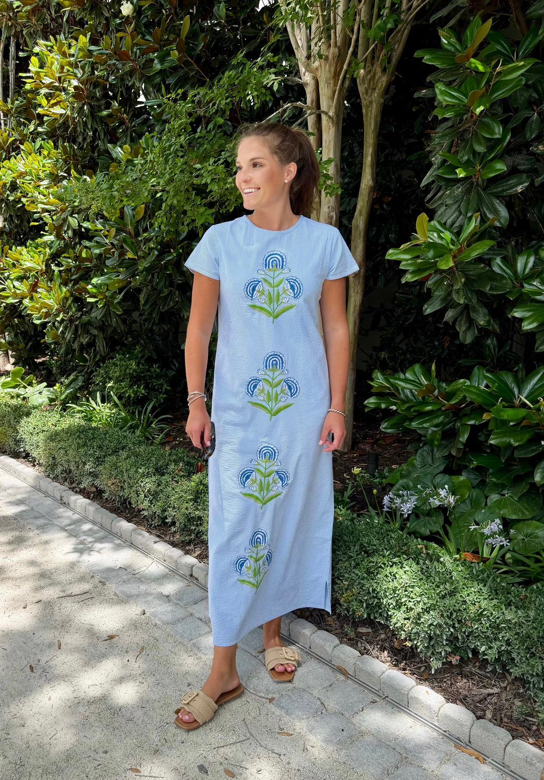 Anne Maxi Dress Seersucker Embroidered Milos -Red, Pink, Blue or Green
