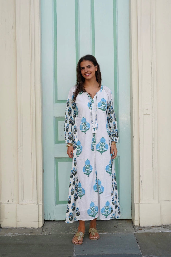 Sullivan Midi Dress  with Blue/ Green Leaf Milos Embroidery