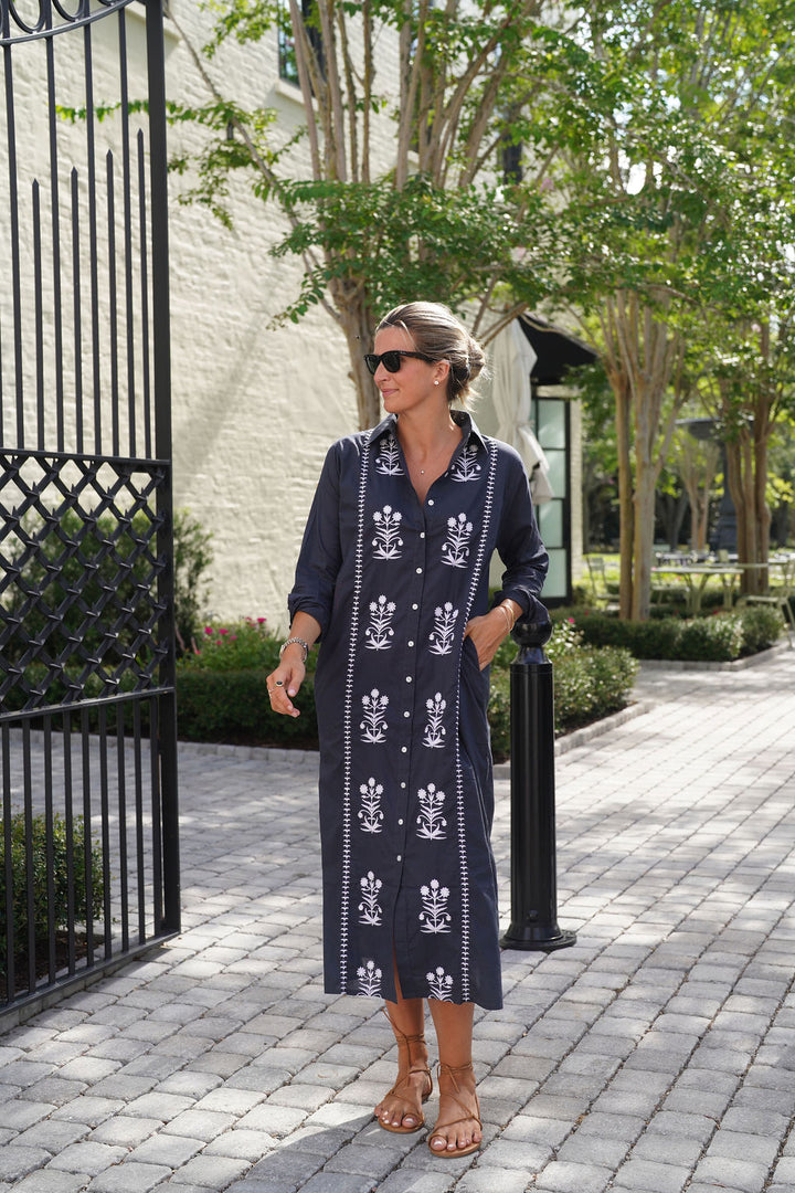 Cat Embroidered Maxi Dress Navy/White
