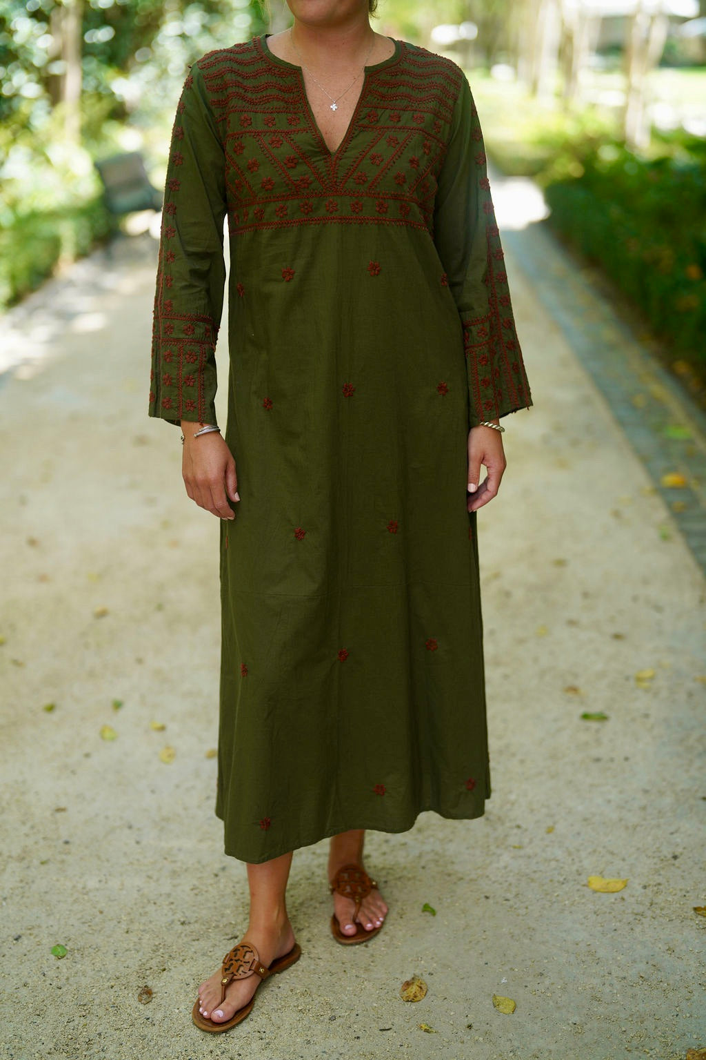 Molly Maxi Dress Hand Embroidered Olive with Cinnamon