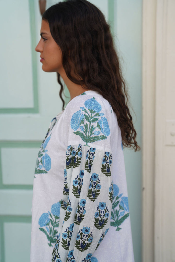 Sullivan Midi Dress  with Blue/ Green Leaf Milos Embroidery