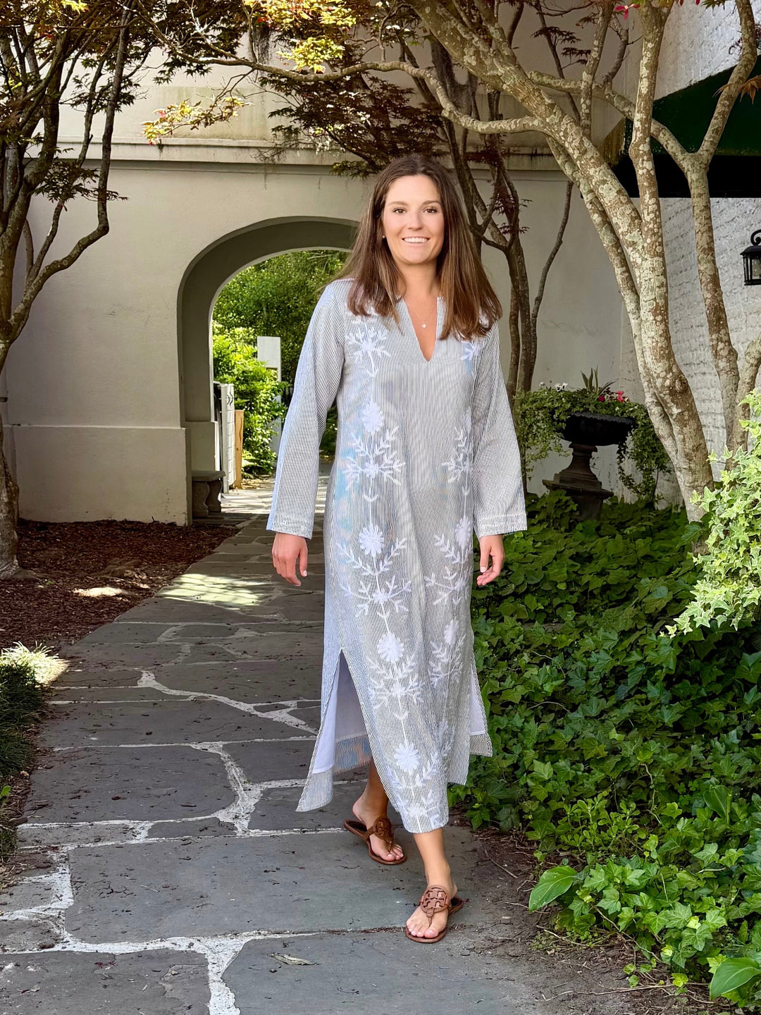 Molly Maxi Dress Gray Stripe Vertical Embroidery