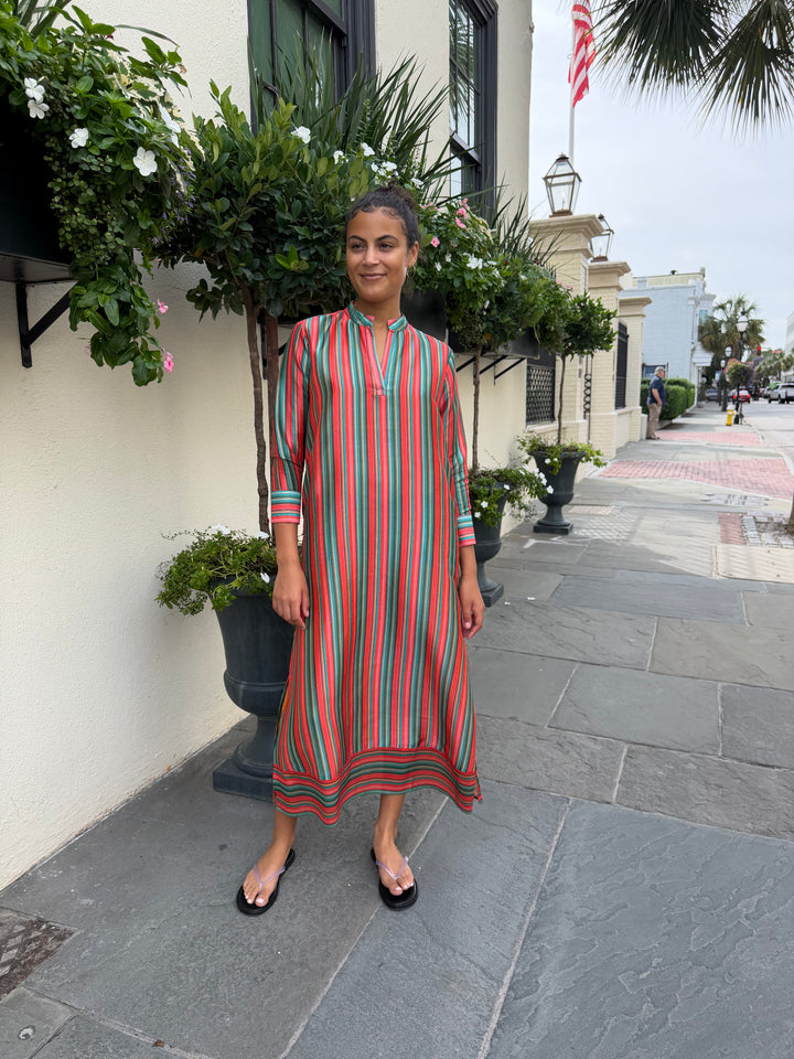 Tabby Midi Dress Coral Teal Garden Stripe Silk