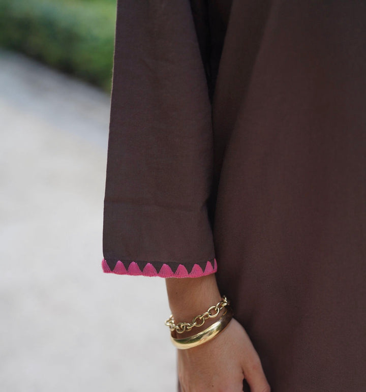 Darren Midi Dress Brown with Coral Whipstitch