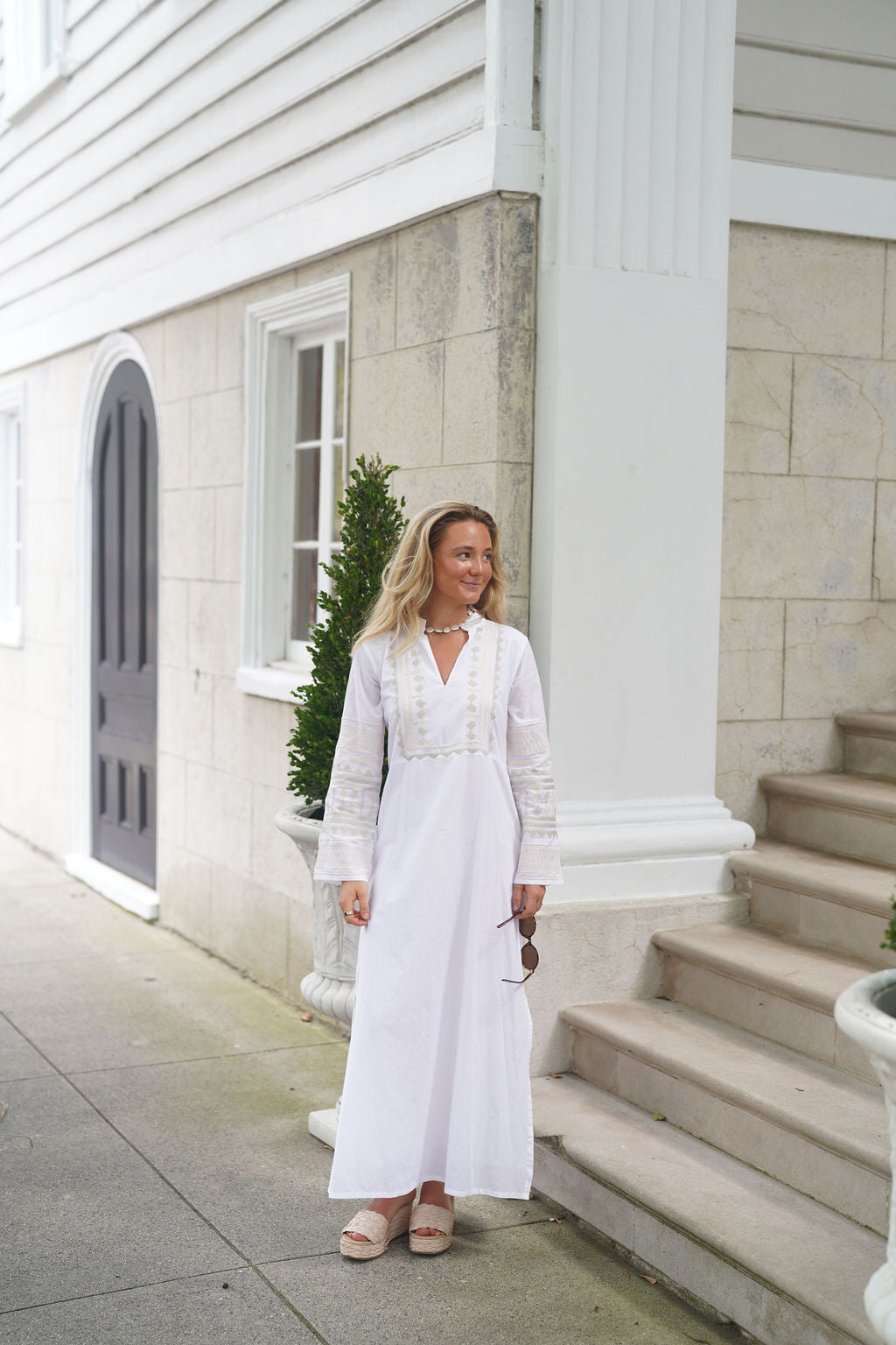 Eva Maxi Dress White with Sandstone Embroidery