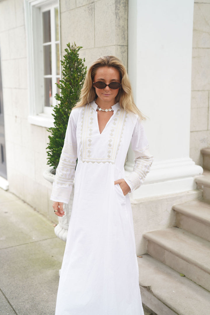 Eva Maxi Dress White with Sandstone Embroidery
