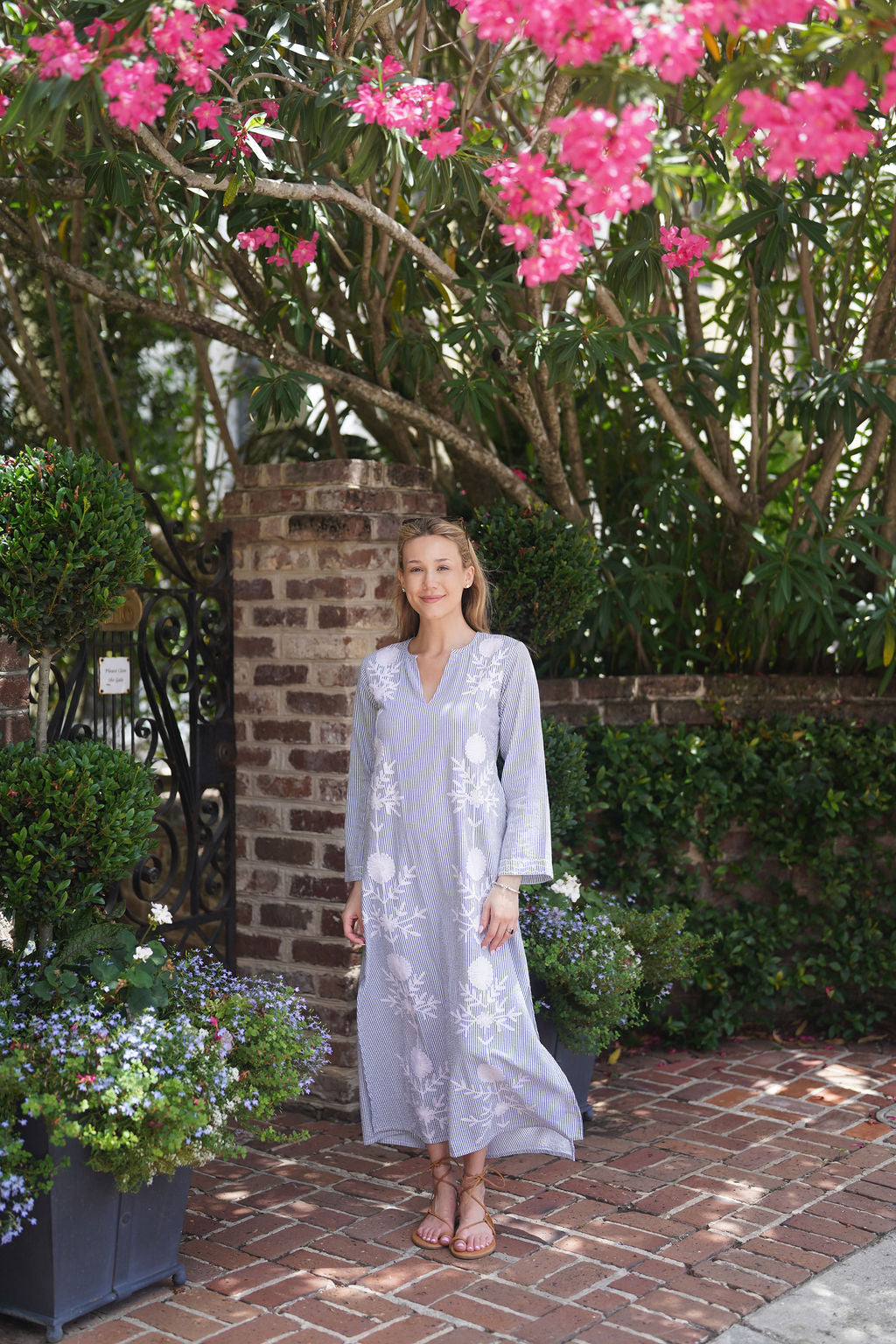 seersucker maxi dress Women's Tiered - Small neckline combination stands out from the rest Dial Navy + Sky Seersucker