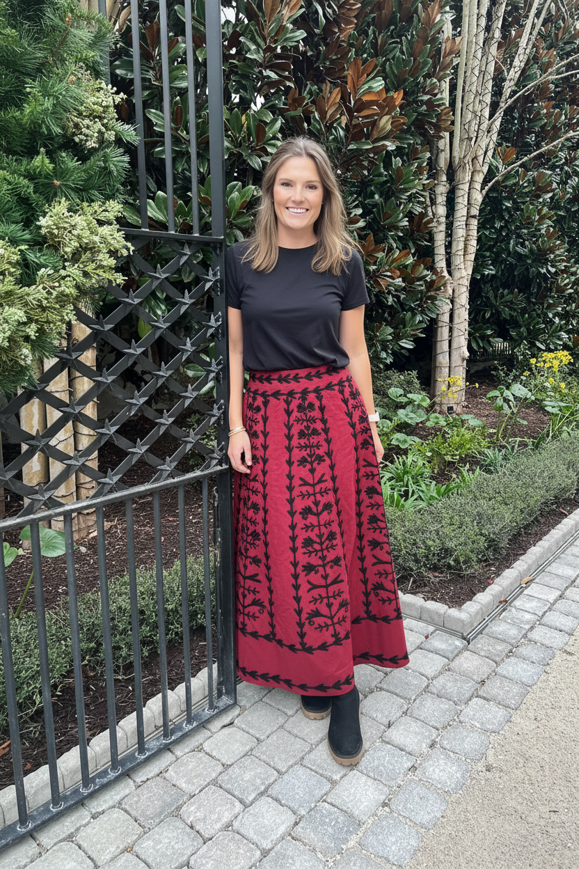 Hanley Midi Skirt Vine - Maroon with Black Embroidery