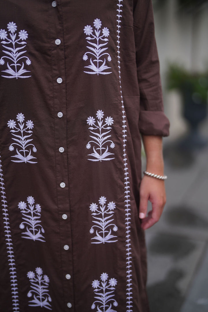 Cat Embroidered Maxi Dress Brown/White