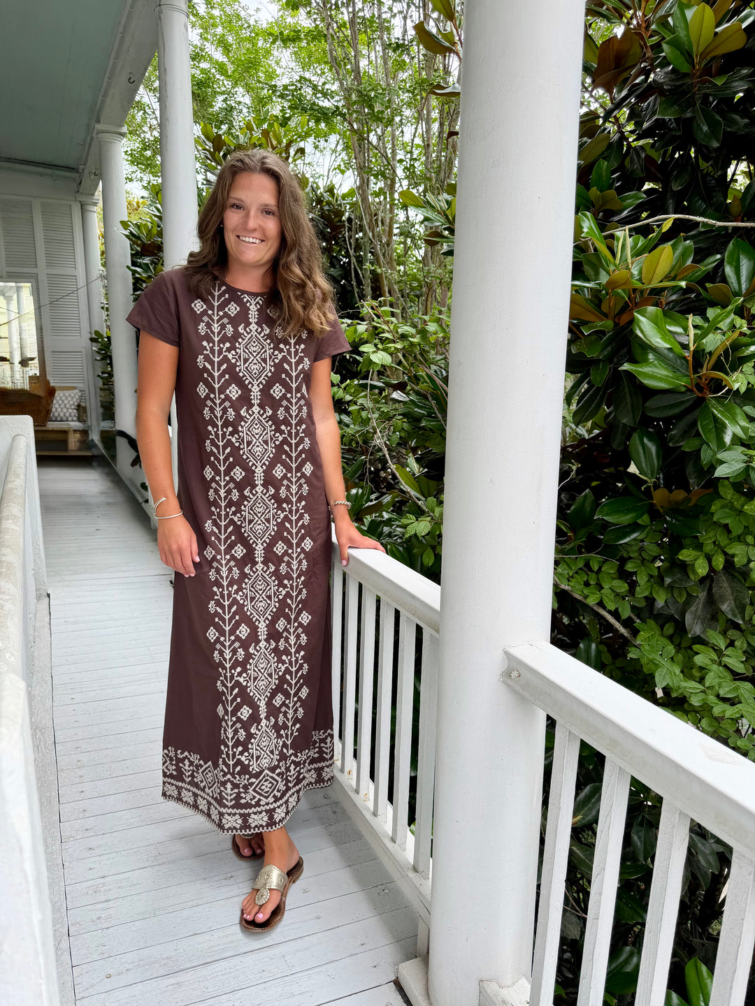 Anne Maxi Dress Brown with White Bohemian Cross-Stich Embroidery – Shop Madison Mathews
